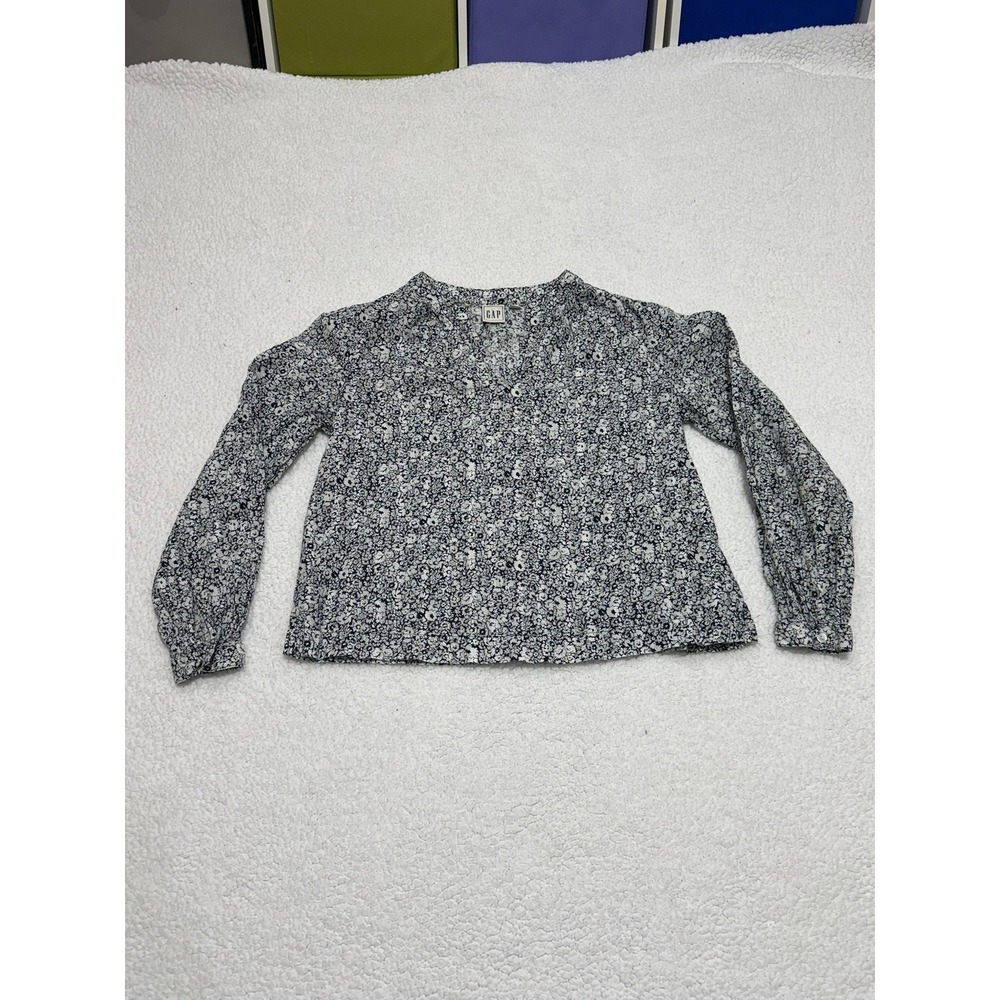 GAP Navy Floral Shirred Long Sleeve Popover Blouse S Petite 660905-02 SP21